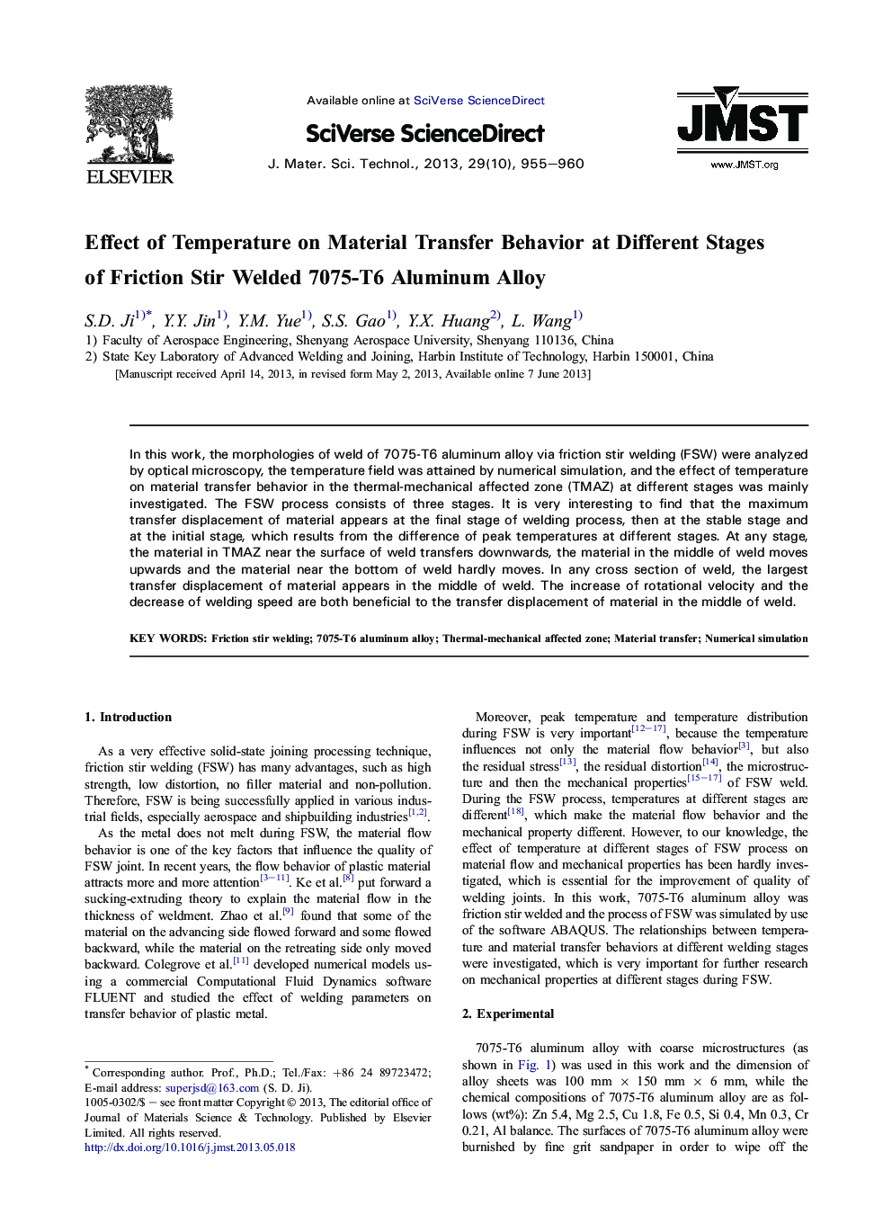 Effect of Temperature on Material Transfer Behavior at Different Stages of Friction Stir Welded 7075-T6 Aluminum Alloy