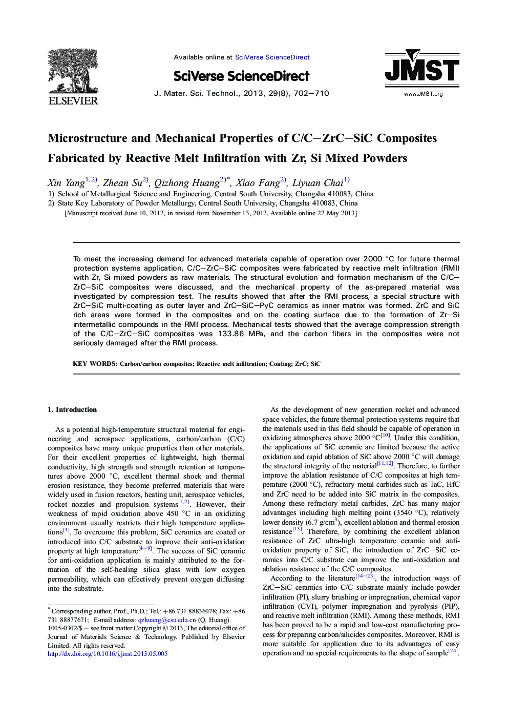 Microstructure and Mechanical Properties of C/C-ZrC-SiC Composites Fabricated by Reactive Melt Infiltration with Zr, Si Mixed Powders