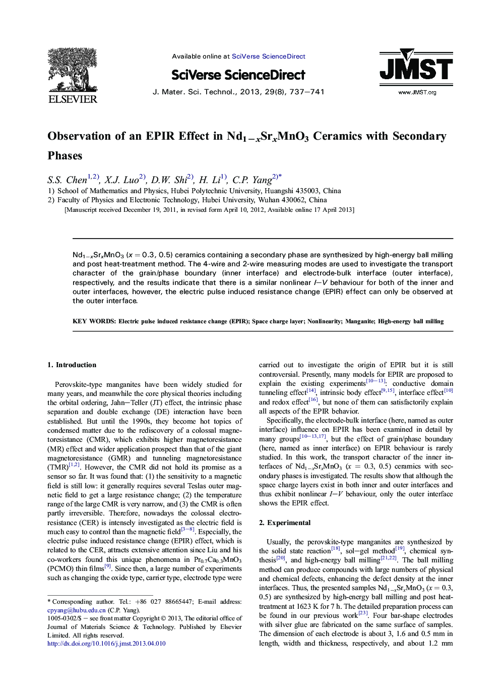 Observation of an EPIR Effect in Nd1−xSrxMnO3 Ceramics with Secondary Phases