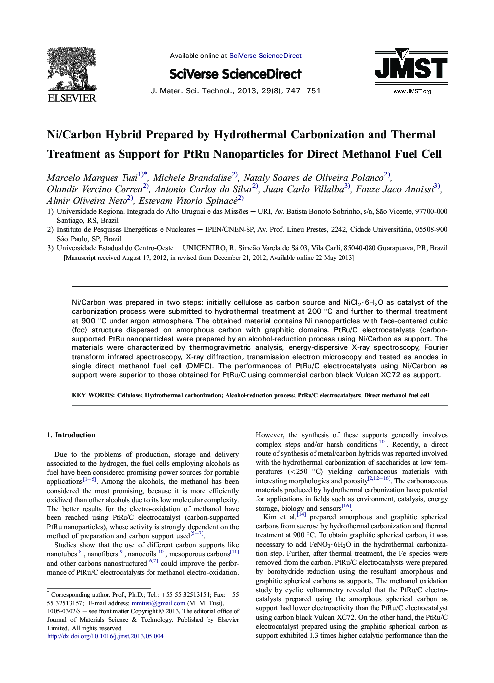 Ni/Carbon Hybrid Prepared by Hydrothermal Carbonization and Thermal Treatment as Support for PtRu Nanoparticles for Direct Methanol Fuel Cell