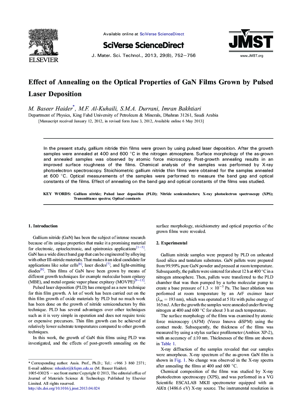 Effect of Annealing on the Optical Properties of GaN Films Grown by Pulsed Laser Deposition