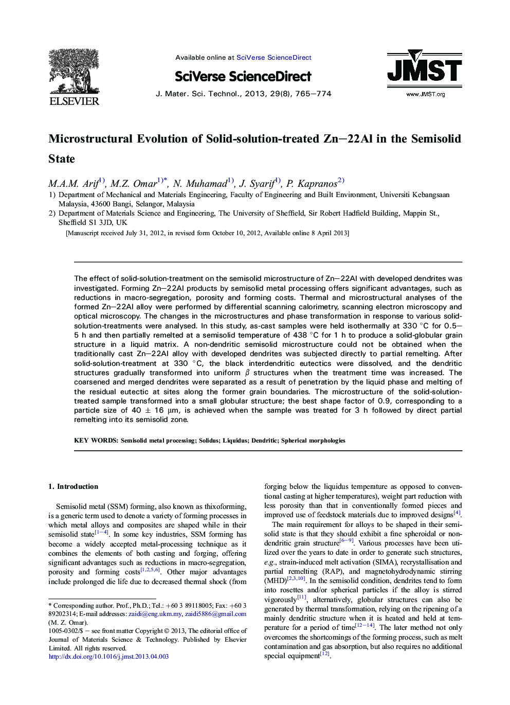 Microstructural Evolution of Solid-solution-treated Zn-22Al in the Semisolid State