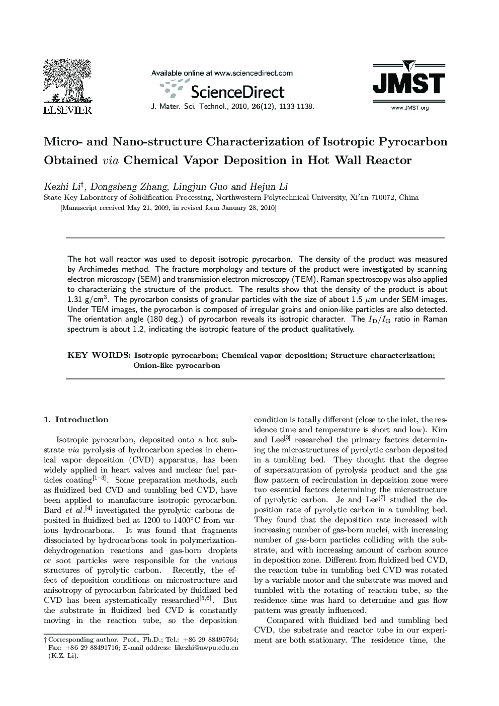 عکس صفحه اول مقاله: Micro- and Nano-structure Characterization of Isotropic Pyrocarbon Obtained via Chemical Vapor Deposition in Hot Wall Reactor Micro- and Nano-structure Characterization of Isotropic Pyrocarbon Obtained via Chemical Vapor Deposition in Hot Wall Reactor
