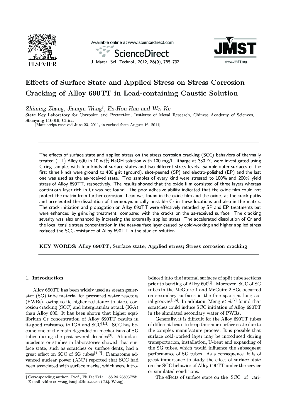 Effects of Surface State and Applied Stress on Stress Corrosion Cracking of Alloy 690TT in Lead-containing Caustic Solution