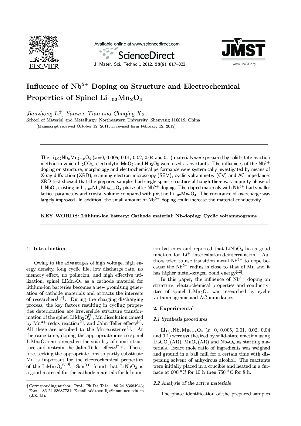 Influence of Nb5+ Doping on Structure and Electrochemical Properties of Spinel Li1.02Mn2O4