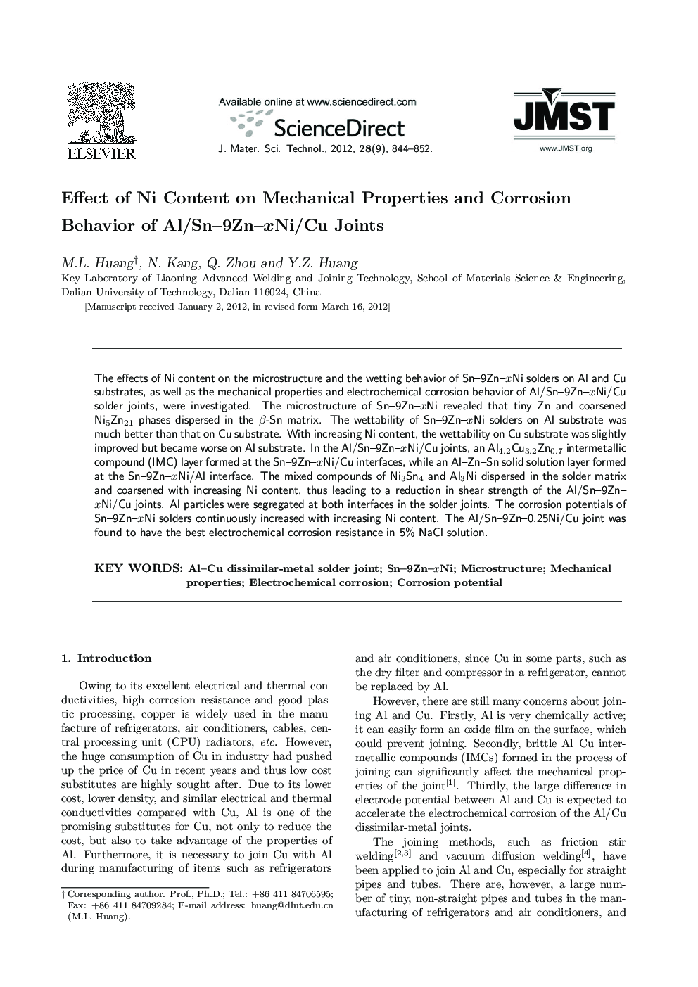 Effect of Ni Content on Mechanical Properties and Corrosion Behavior of Al/Sn-9Zn-xNi/Cu Joints