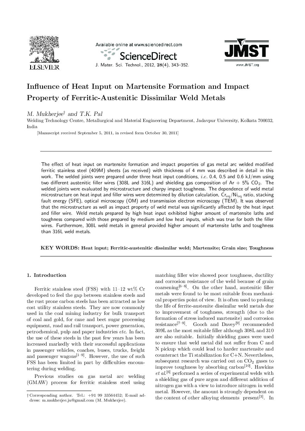 Influence of Heat Input on Martensite Formation and Impact Property of Ferritic-Austenitic Dissimilar Weld Metals