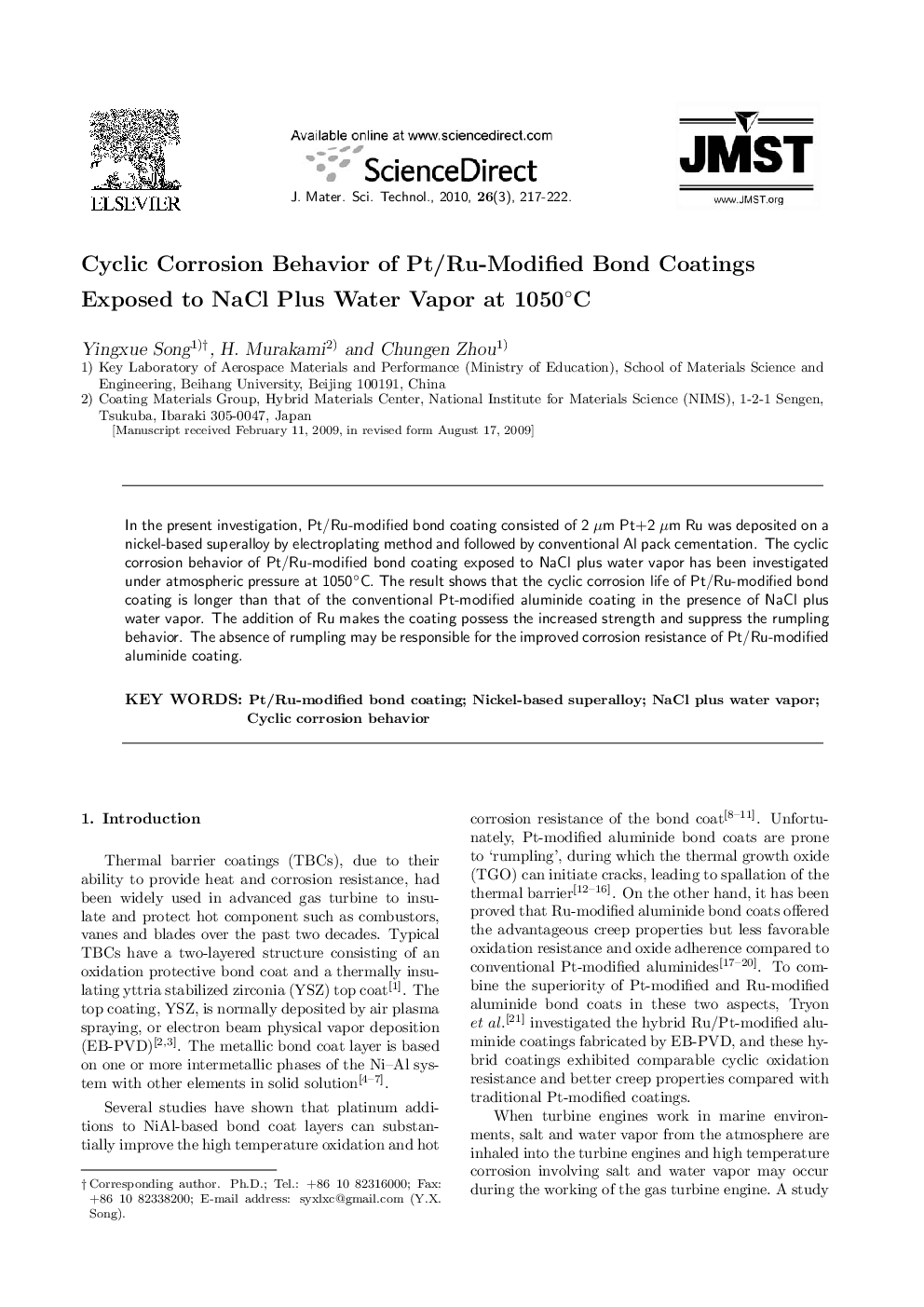 عکس صفحه اول مقاله: Cyclic Corrosion Behavior of Pt/Ru-Modified Bond Coatings Exposed to NaCl Plus Water Vapor at 1050°C Cyclic Corrosion Behavior of Pt/Ru-Modified Bond Coatings Exposed to NaCl Plus Water Vapor at 1050°C