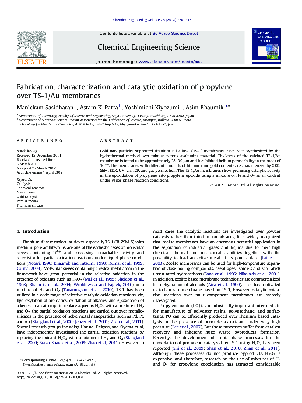 Fabrication, characterization and catalytic oxidation of propylene over TS-1/Au membranes