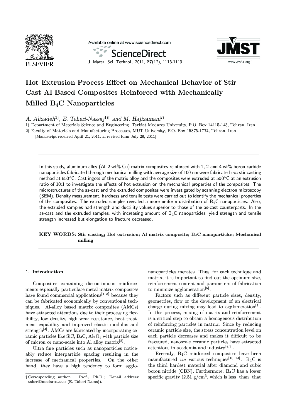 Hot Extrusion Process Effect on Mechanical Behavior of Stir Cast Al Based Composites Reinforced with Mechanically Milled B4C Nanoparticles