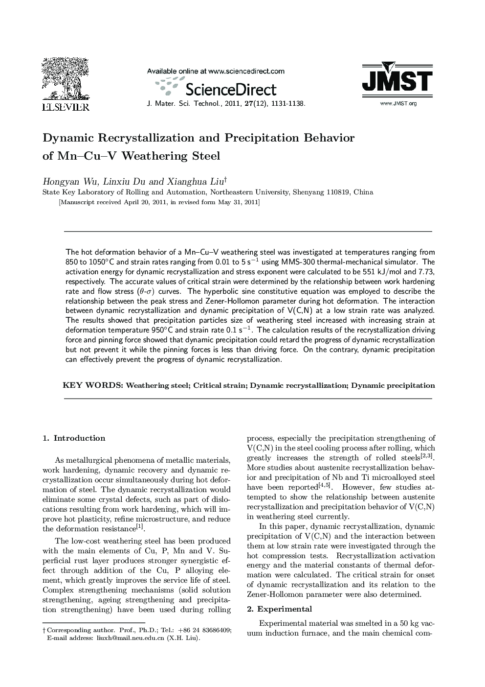 Dynamic Recrystallization and Precipitation Behavior of Mn-Cu-V Weathering Steel
