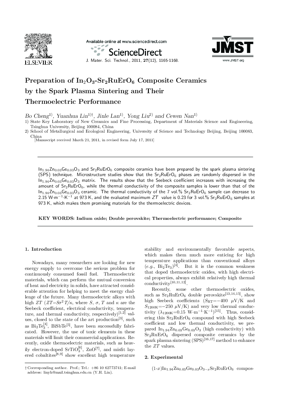 Preparation of In2O3-Sr2RuErO6 Composite Ceramics by the Spark Plasma Sintering and Their Thermoelectric Performance
