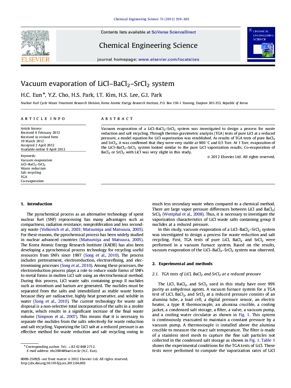 Vacuum evaporation of LiCl–BaCl2–SrCl2 system