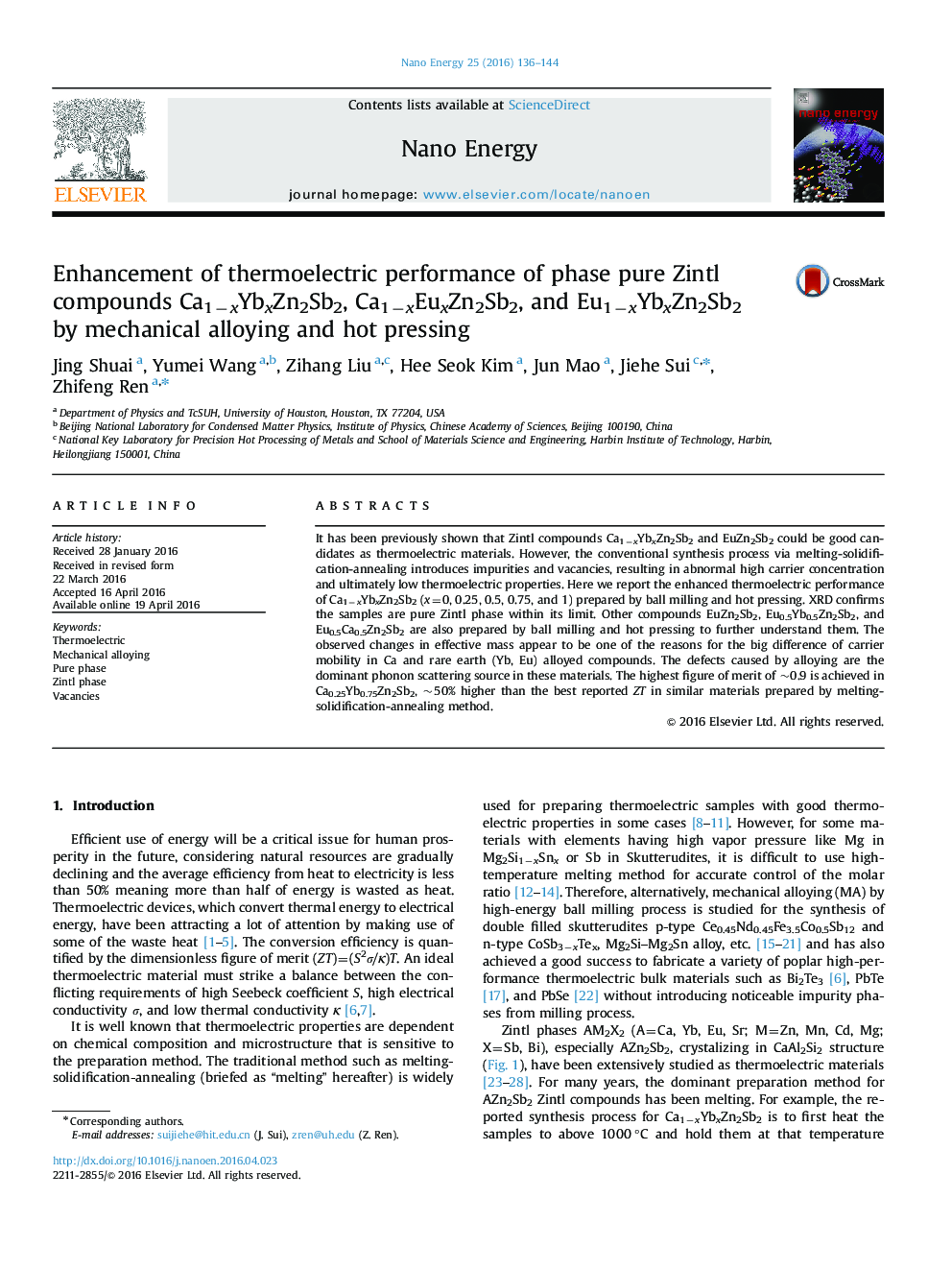 Enhancement of thermoelectric performance of phase pure Zintl compounds Ca1âxYbxZn2Sb2, Ca1âxEuxZn2Sb2, and Eu1âxYbxZn2Sb2 by mechanical alloying and hot pressing