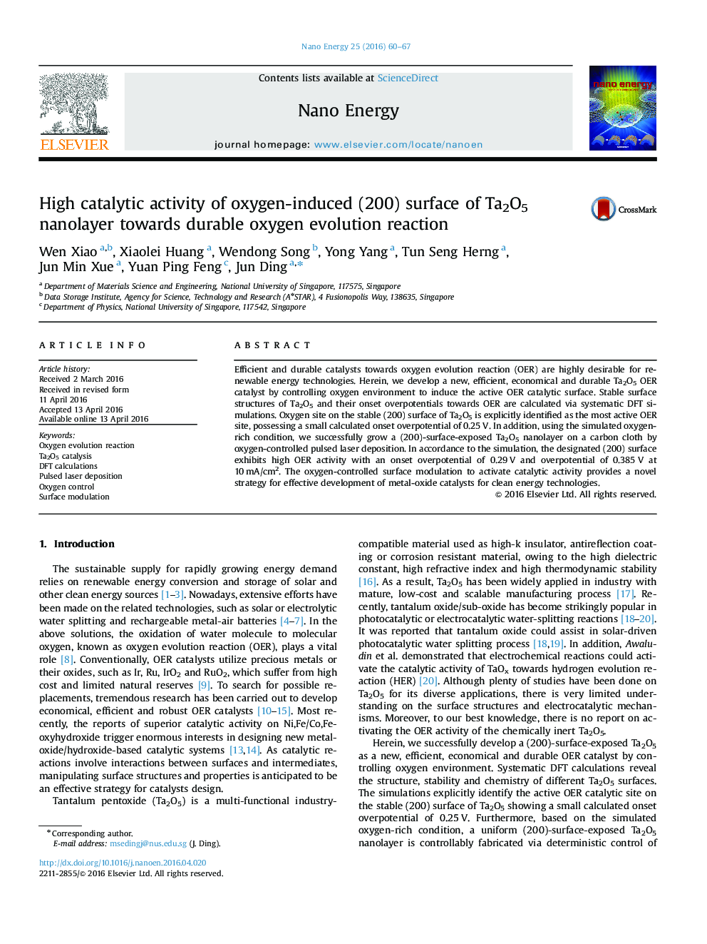 High catalytic activity of oxygen-induced (200) surface of Ta2O5 nanolayer towards durable oxygen evolution reaction