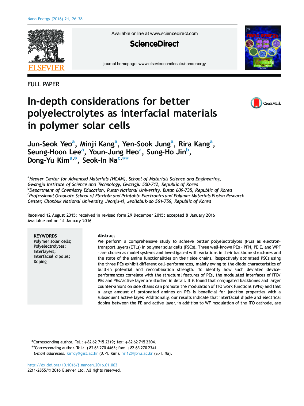عکس صفحه اول مقاله: In-depth considerations for better polyelectrolytes as interfacial materials in polymer solar cells In-depth considerations for better polyelectrolytes as interfacial materials in polymer solar cells