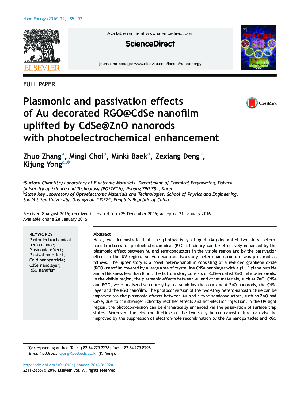 Plasmonic and passivation effects of Au decorated RGO@CdSe nanofilm uplifted by CdSe@ZnO nanorods with photoelectrochemical enhancement