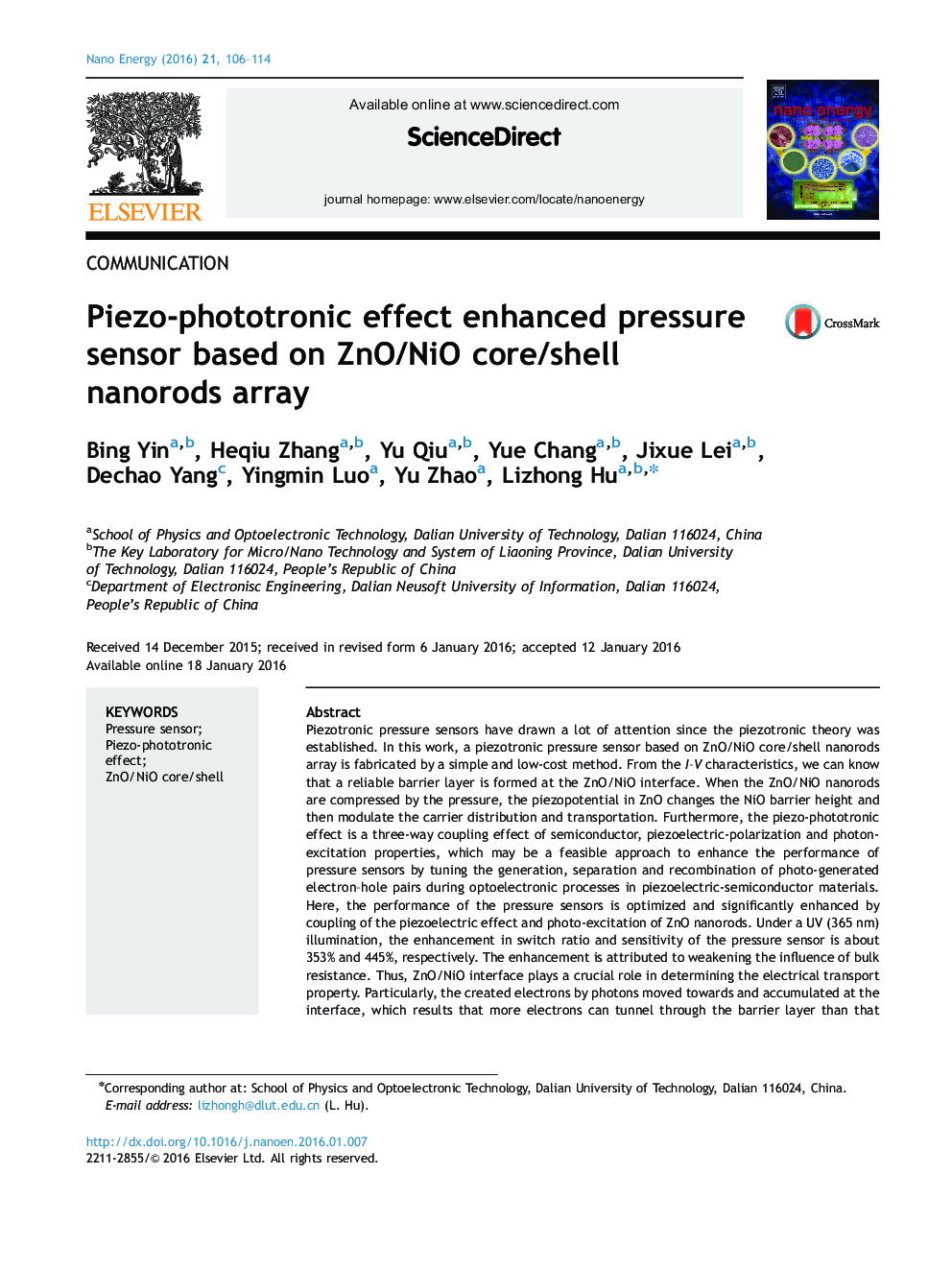 Piezo-phototronic effect enhanced pressure sensor based on ZnO/NiO core/shell nanorods array