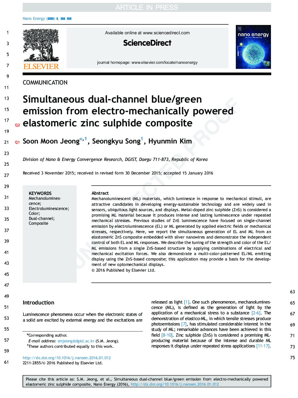 Simultaneous dual-channel blue/green emission from electro-mechanically powered elastomeric zinc sulphide composite