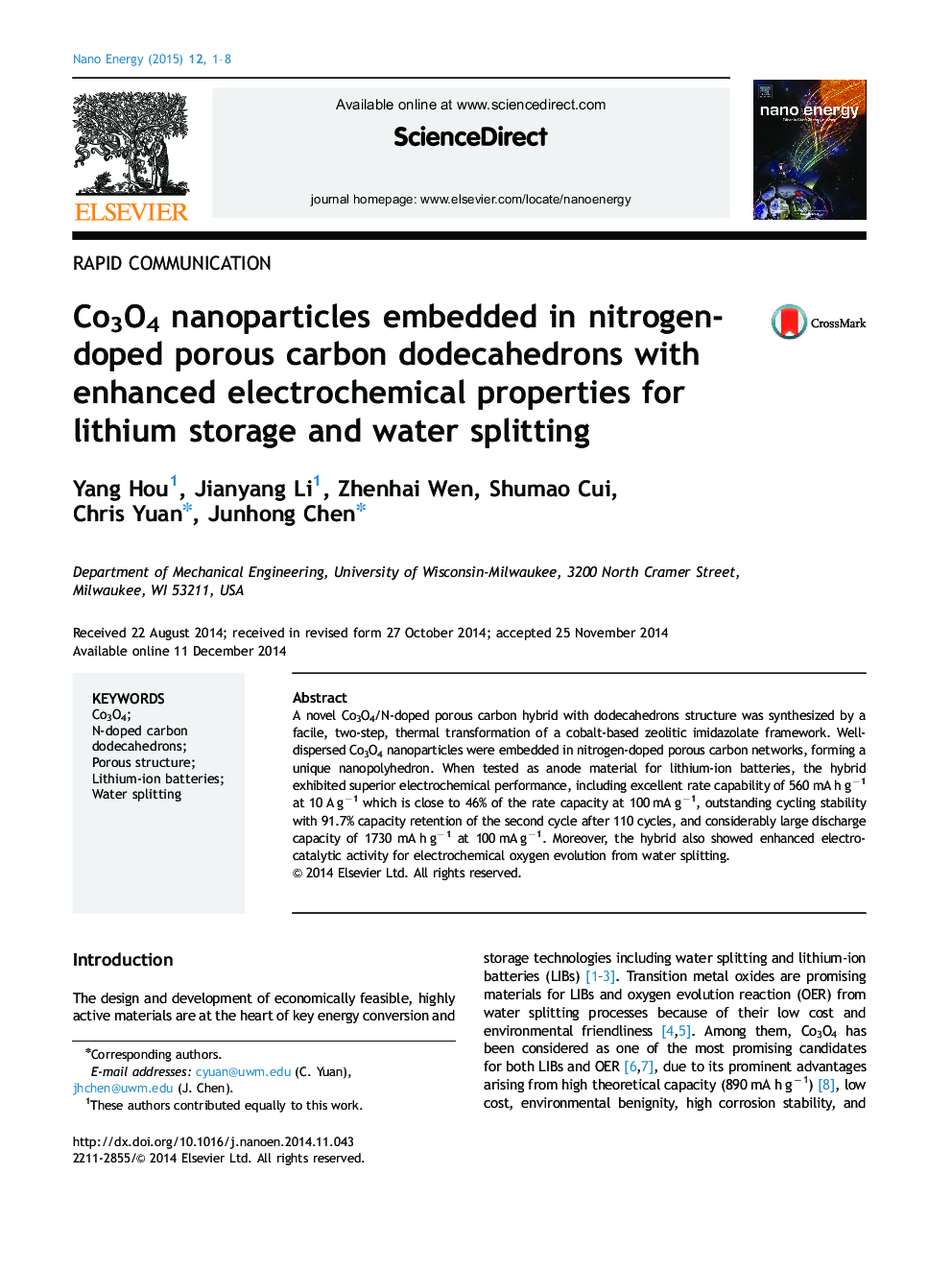 Co3O4 nanoparticles embedded in nitrogen-doped porous carbon dodecahedrons with enhanced electrochemical properties for lithium storage and water splitting