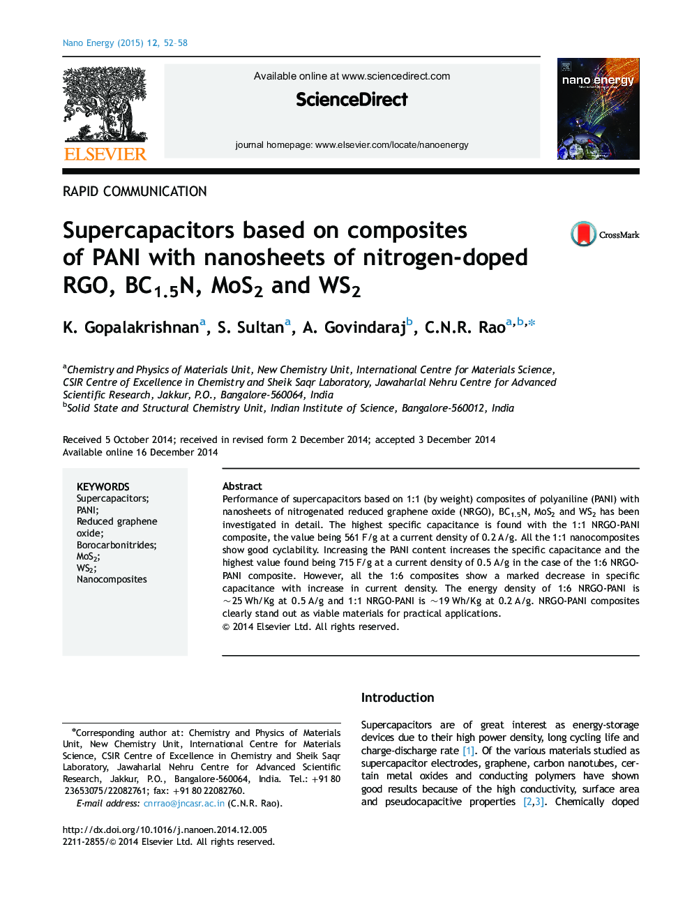 Supercapacitors based on composites of PANI with nanosheets of nitrogen-doped RGO, BC1.5N, MoS2 and WS2