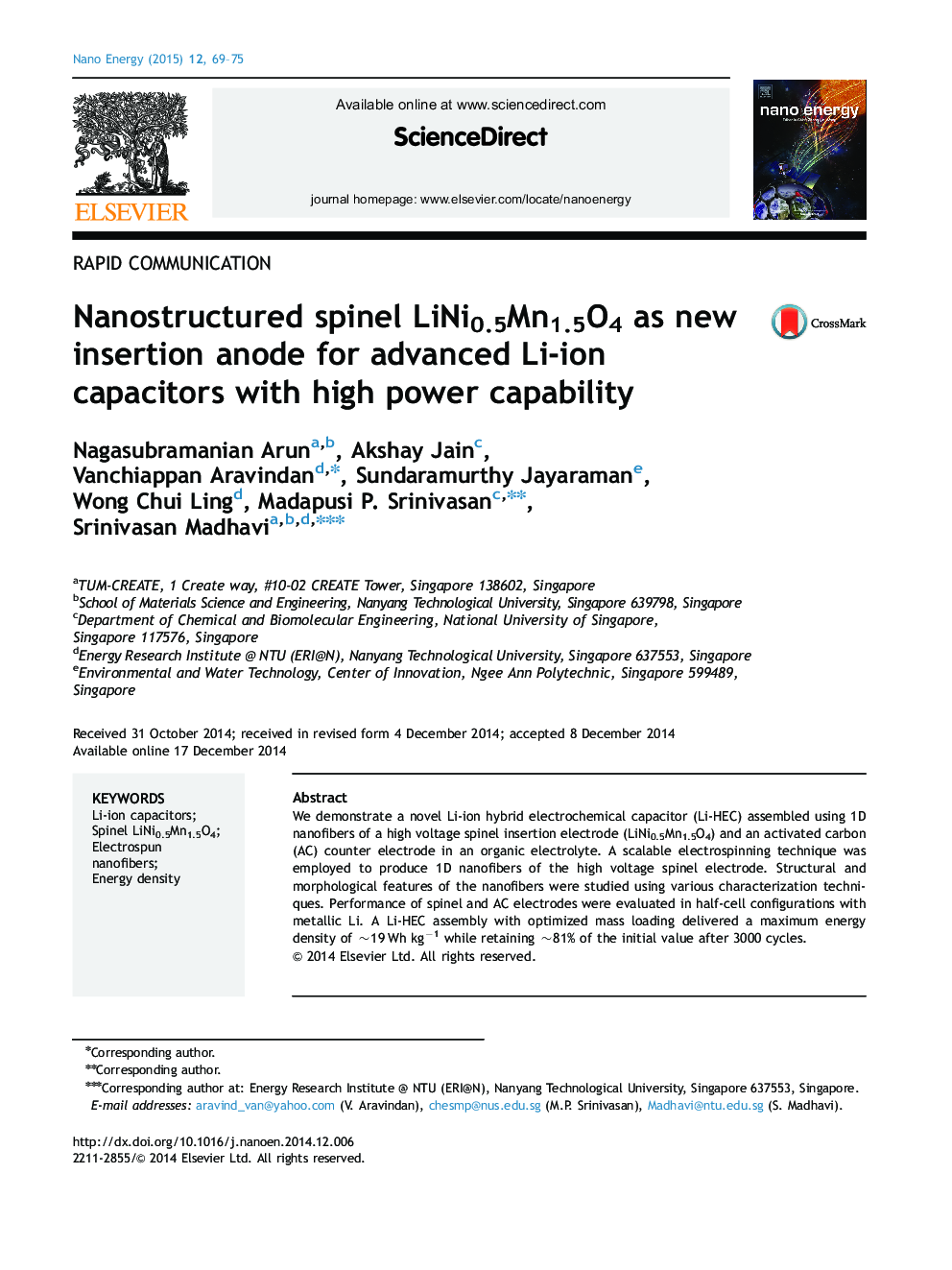 عکس صفحه اول مقاله: Nanostructured spinel LiNi0.5Mn1.5O4 as new insertion anode for advanced Li-ion capacitors with high power capability Nanostructured spinel LiNi0.5Mn1.5O4 as new insertion anode for advanced Li-ion capacitors with high power capability