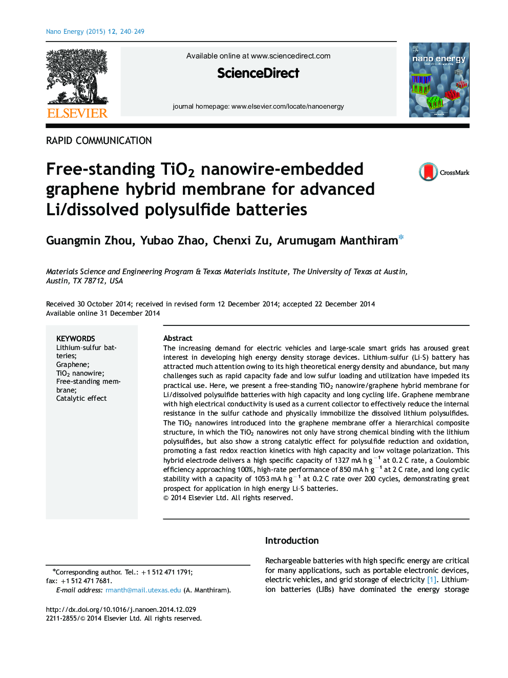 Free-standing TiO2 nanowire-embedded graphene hybrid membrane for advanced Li/dissolved polysulfide batteries