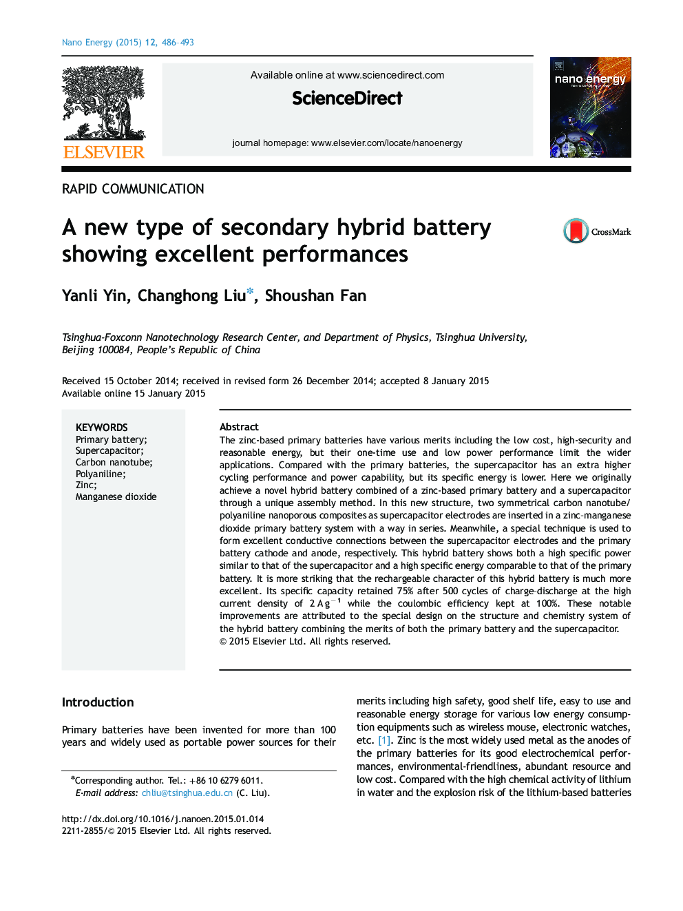 A new type of secondary hybrid battery showing excellent performances