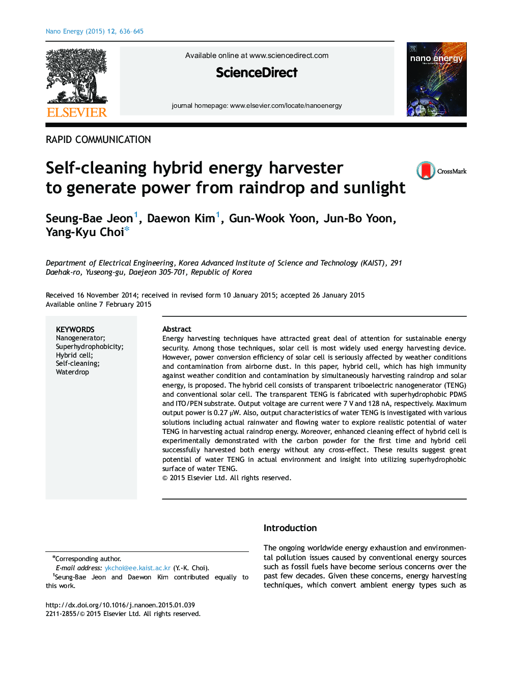 Self-cleaning hybrid energy harvester to generate power from raindrop and sunlight