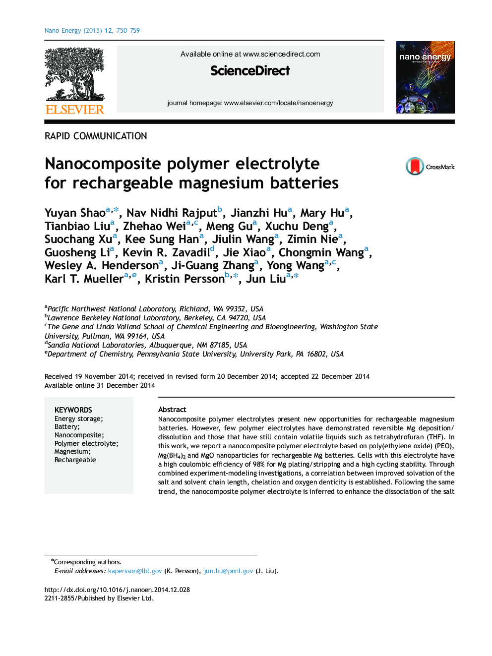 الکترولیت پلیمری نانوکامپوزیت برای باتری های قابل شارژ منیزیم 