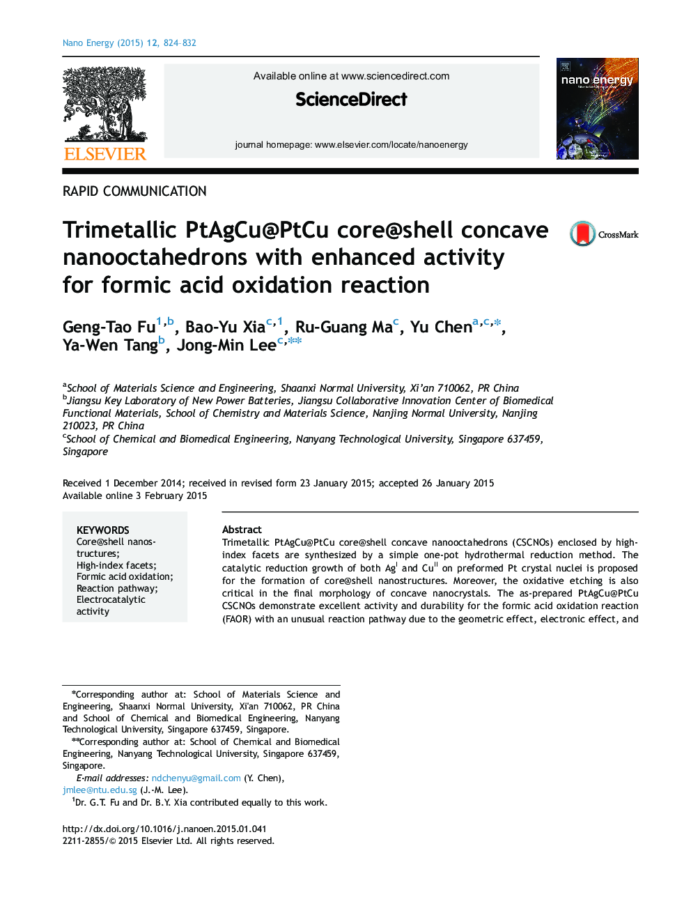 Trimetallic PtAgCu@PtCu core@shell concave nanooctahedrons with enhanced activity for formic acid oxidation reaction