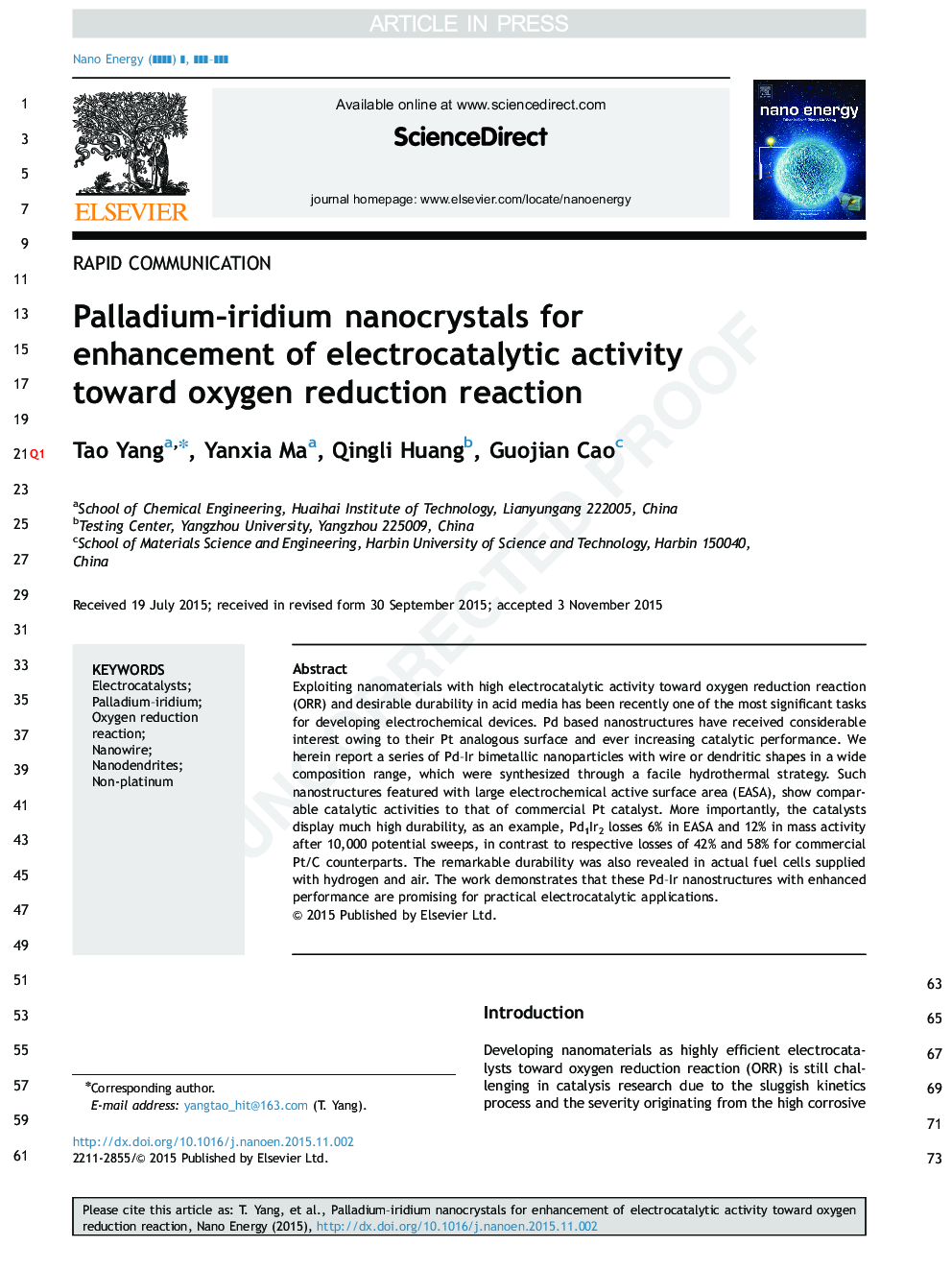 نانوبلورهای پالادیوم-ایریدیوم برای افزایش فعالیت الکتریکی کاتالیزوری به سمت واکنش کاهش اکسیژن 