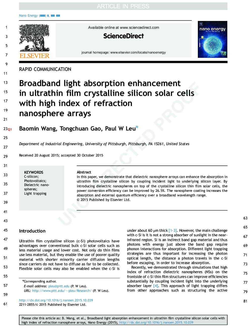 Broadband light absorption enhancement in ultrathin film crystalline silicon solar cells with high index of refraction nanosphere arrays