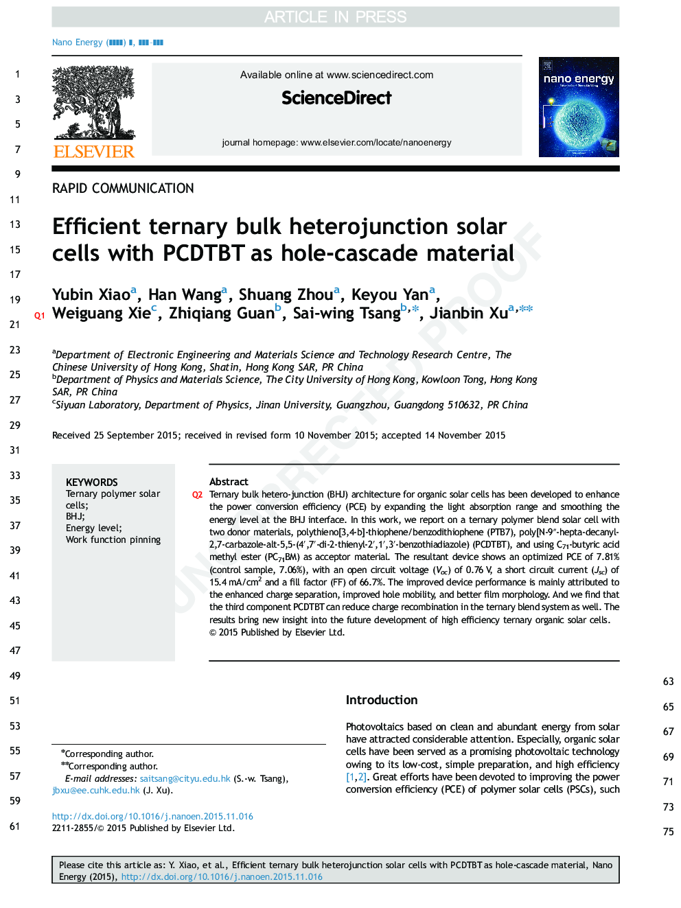 Efficient ternary bulk heterojunction solar cells with PCDTBT as hole-cascade material