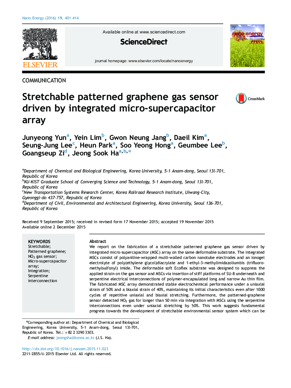 Stretchable patterned graphene gas sensor driven by integrated micro-supercapacitor array