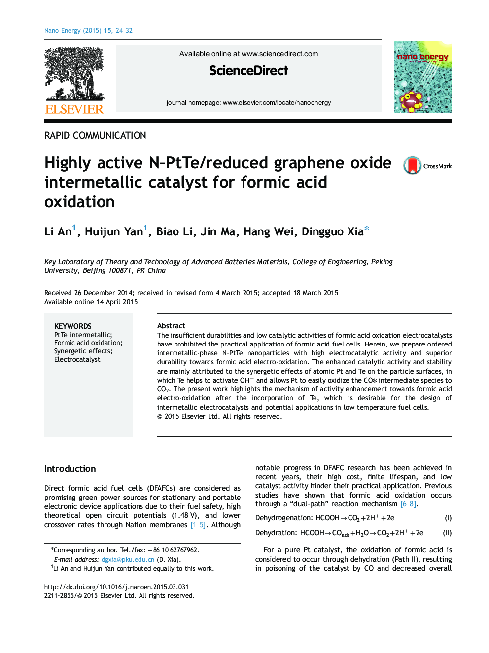عکس صفحه اول مقاله: Highly active N-PtTe/reduced graphene oxide intermetallic catalyst for formic acid oxidation Highly active N-PtTe/reduced graphene oxide intermetallic catalyst for formic acid oxidation
