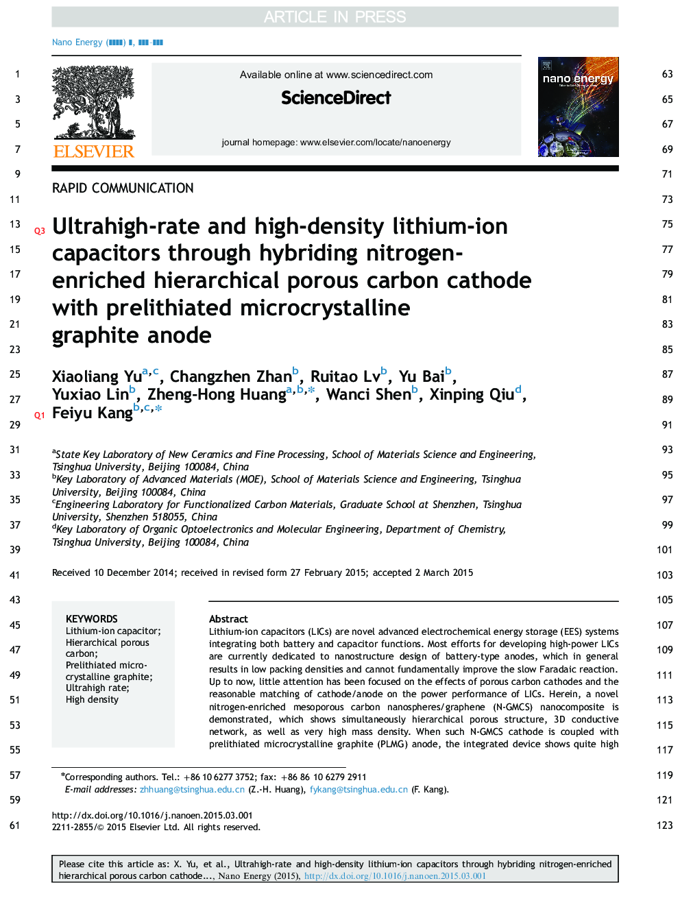 Ultrahigh-rate and high-density lithium-ion capacitors through hybriding nitrogen-enriched hierarchical porous carbon cathode with prelithiated microcrystalline graphite anode