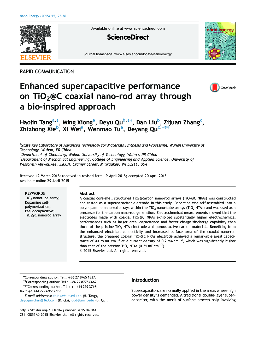 عکس صفحه اول مقاله: Enhanced supercapacitive performance on TiO2@C coaxial nano-rod array through a bio-inspired approach Enhanced supercapacitive performance on TiO2@C coaxial nano-rod array through a bio-inspired approach