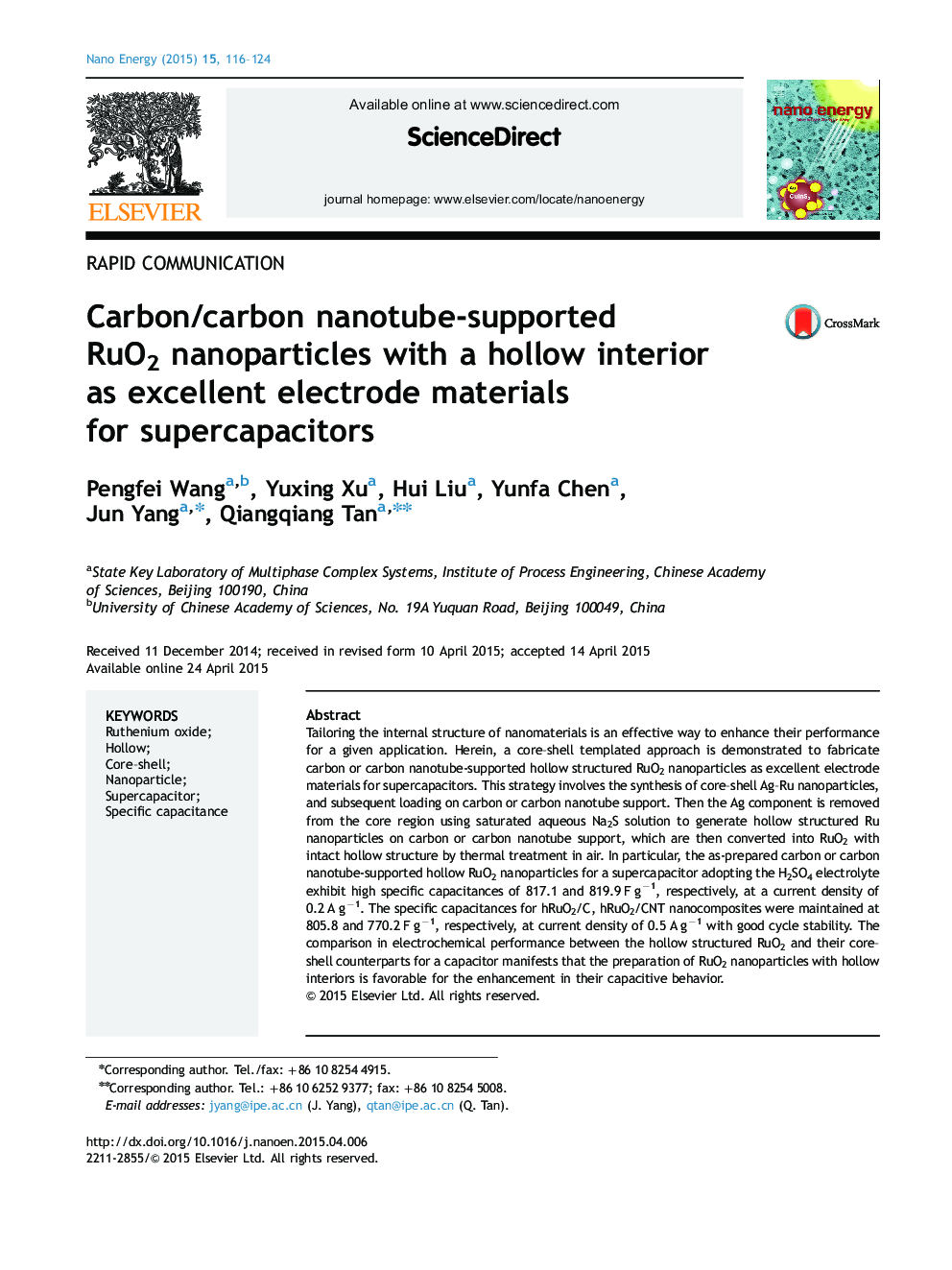 Carbon/carbon nanotube-supported RuO2 nanoparticles with a hollow interior as excellent electrode materials for supercapacitors