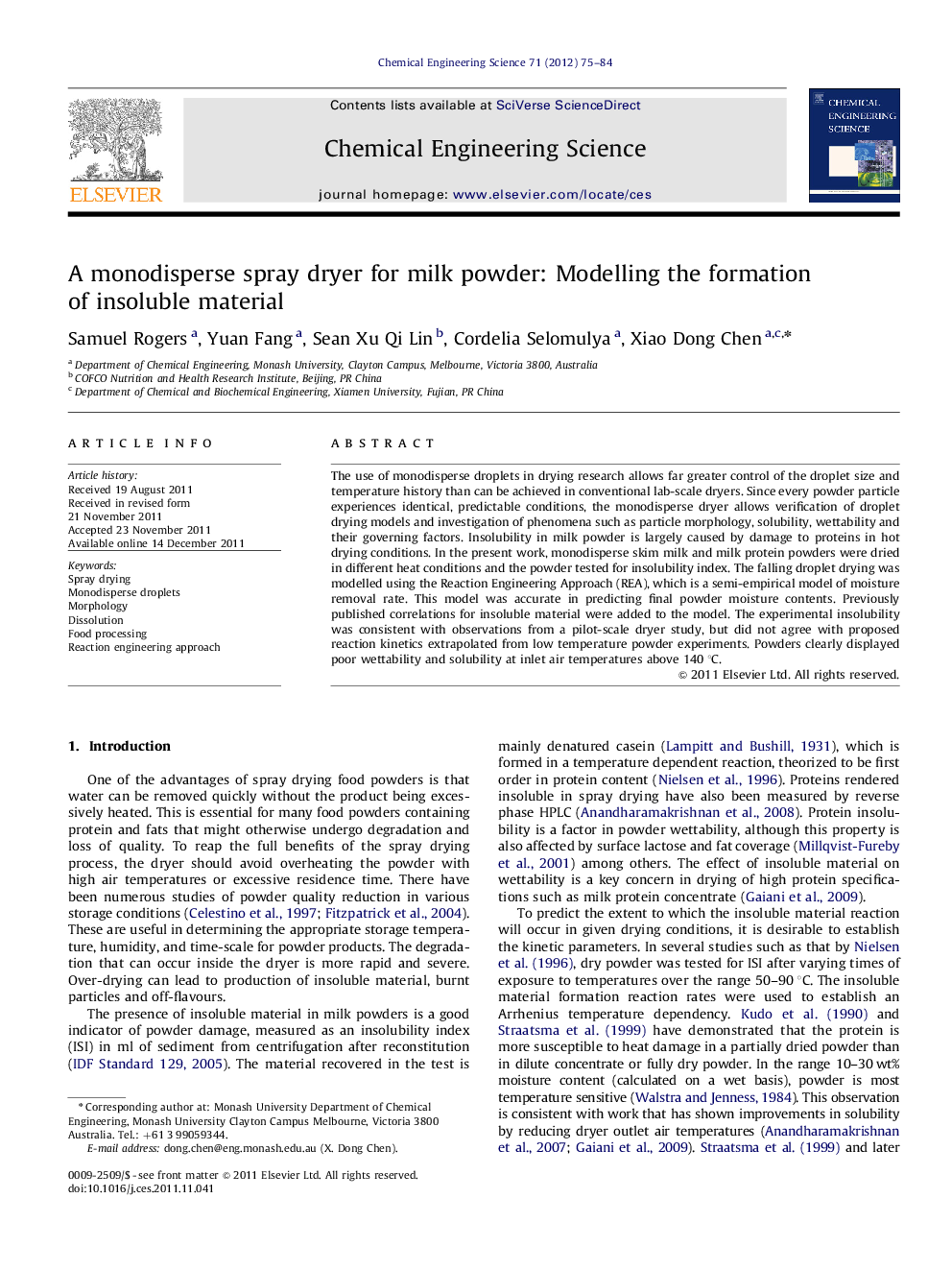عکس صفحه اول مقاله: A monodisperse spray dryer for milk powder: Modelling the formation of insoluble material A monodisperse spray dryer for milk powder: Modelling the formation of insoluble material