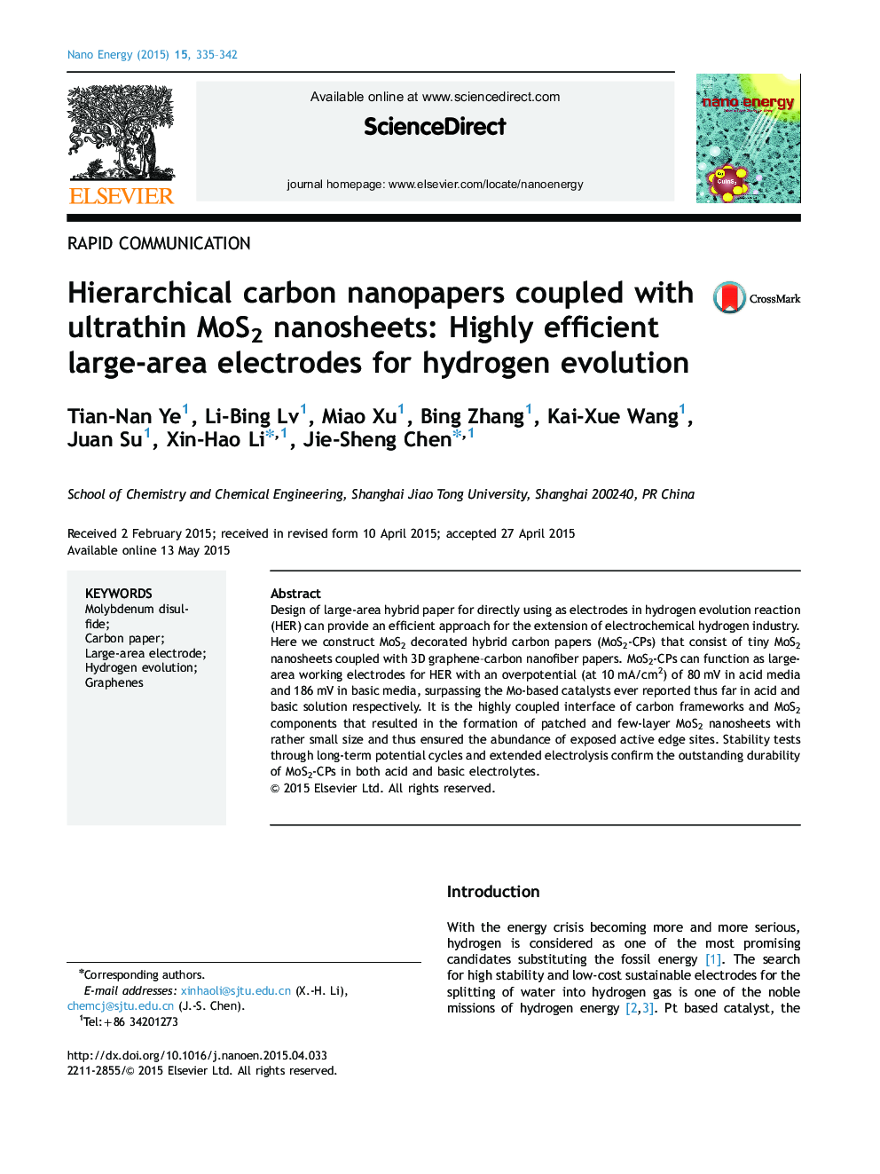 Hierarchical carbon nanopapers coupled with ultrathin MoS2 nanosheets: Highly efficient large-area electrodes for hydrogen evolution