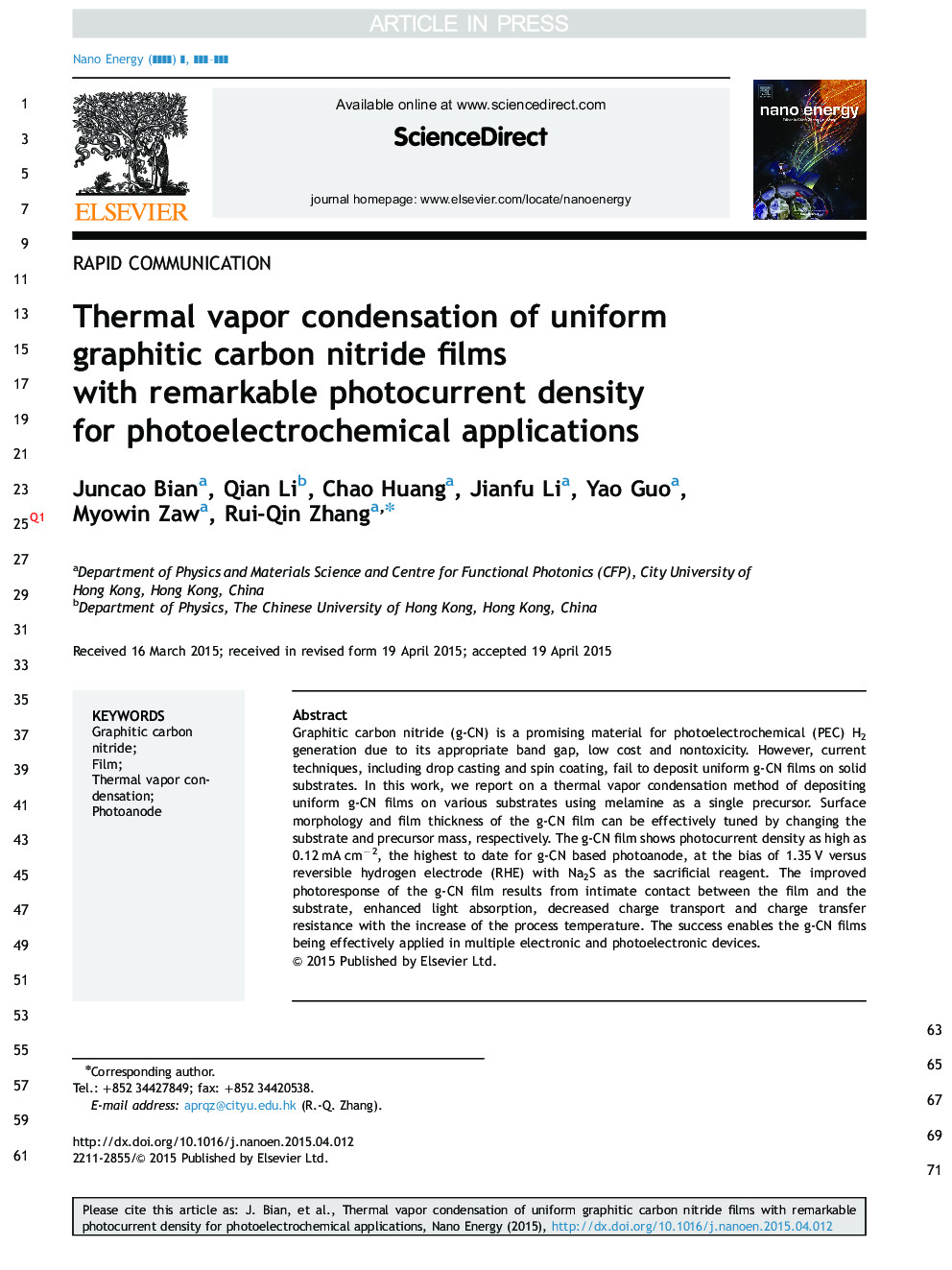 Thermal vapor condensation of uniform graphitic carbon nitride films with remarkable photocurrent density for photoelectrochemical applications