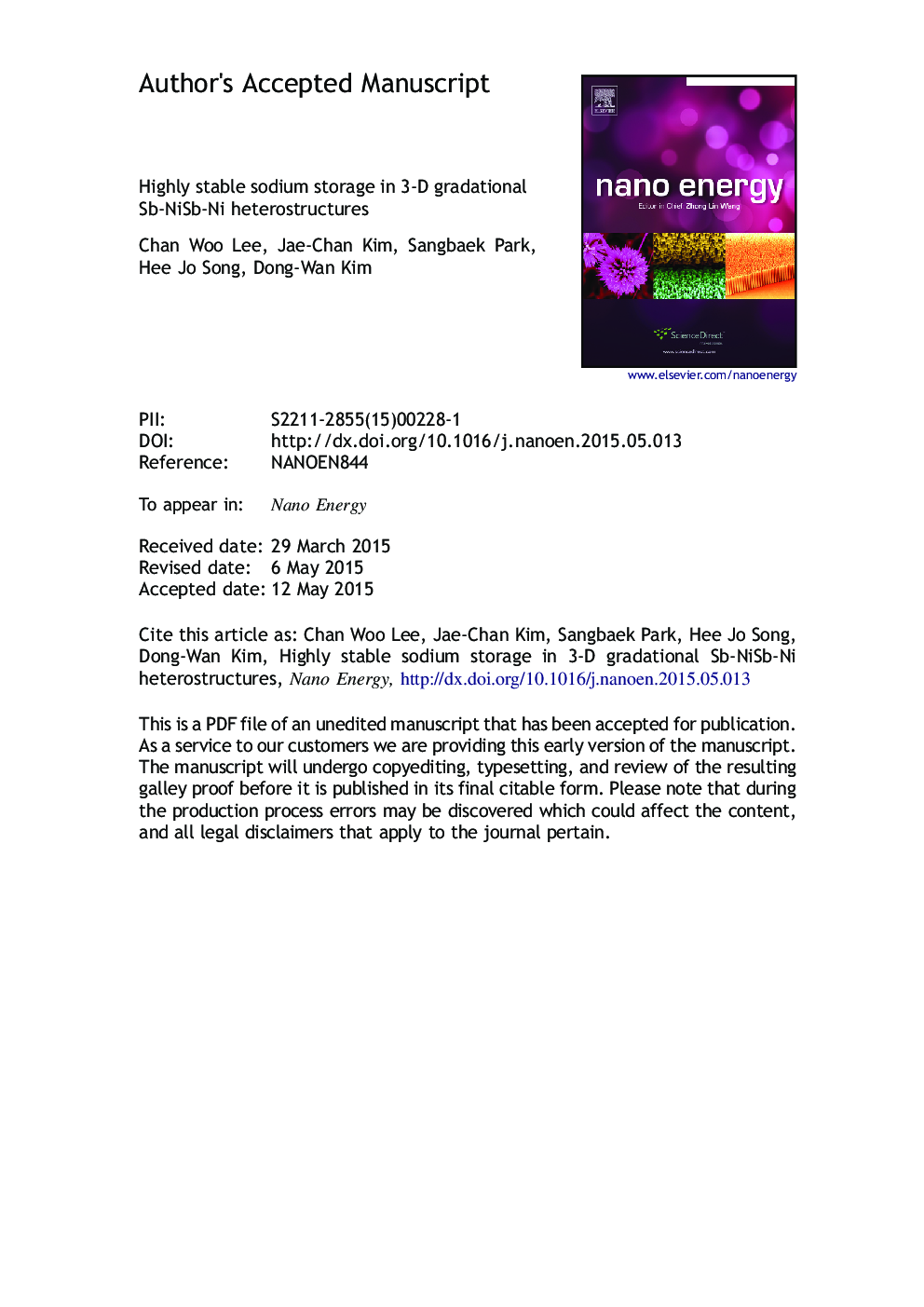 عکس صفحه اول مقاله: Highly stable sodium storage in 3-D gradational Sb-NiSb-Ni heterostructures Highly stable sodium storage in 3-D gradational Sb-NiSb-Ni heterostructures