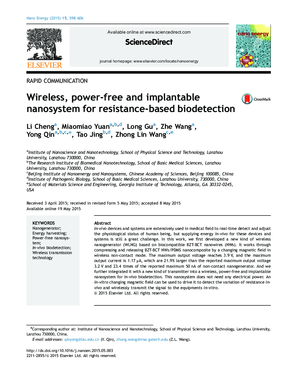 Wireless, power-free and implantable nanosystem for resistance-based biodetection