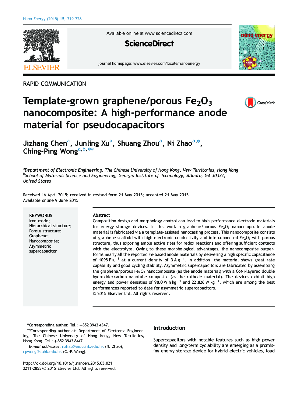 Template-grown graphene/porous Fe2O3 nanocomposite: A high-performance anode material for pseudocapacitors