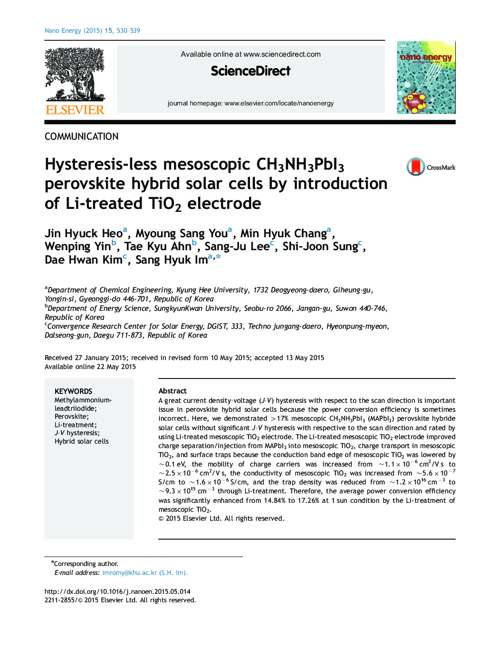 Hysteresis-less mesoscopic CH3NH3PbI3 perovskite hybrid solar cells by introduction of Li-treated TiO2 electrode