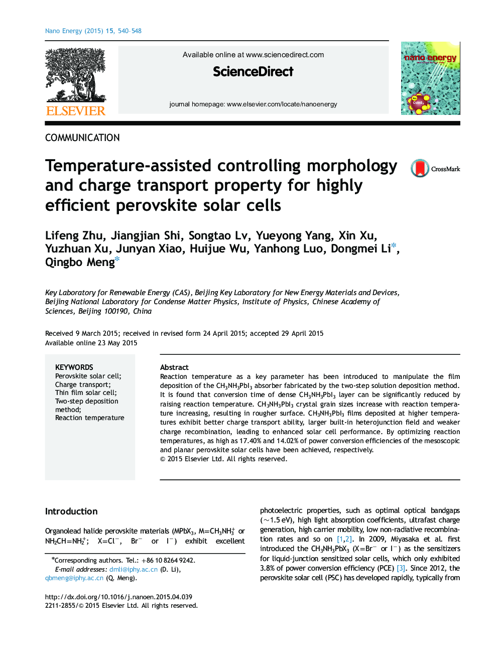 Temperature-assisted controlling morphology and charge transport property for highly efficient perovskite solar cells