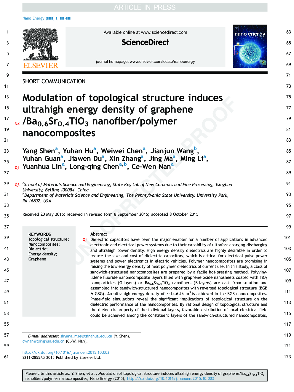 Modulation of topological structure induces ultrahigh energy density of graphene/Ba0.6Sr0.4TiO3 nanofiber/polymer nanocomposites