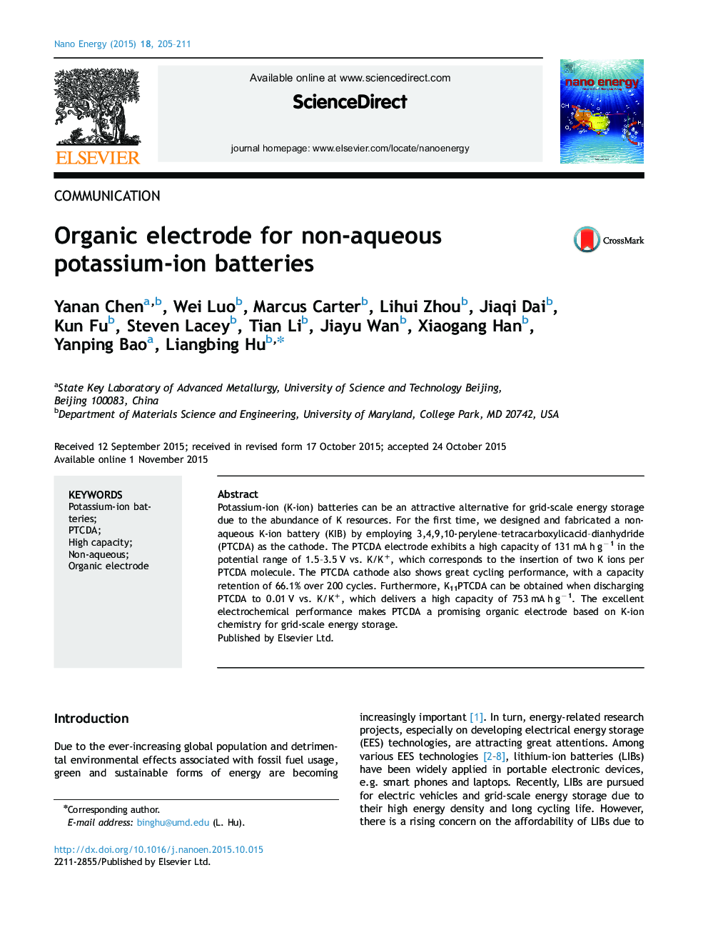 الکترود ارگانیک برای باتری های غیر آبی پتاسیم-یون 