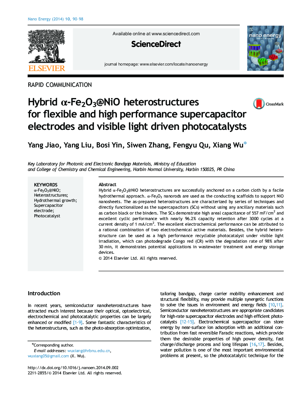 Hybrid Î±-Fe2O3@NiO heterostructures for flexible and high performance supercapacitor electrodes and visible light driven photocatalysts